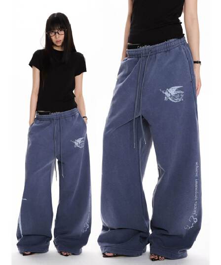 아메리칸 레트로 알파벳 프린트 프라임 워시 마 오래된 캐주얼 바지 baggy 거리 넓은 다리 운동 웨이 바지