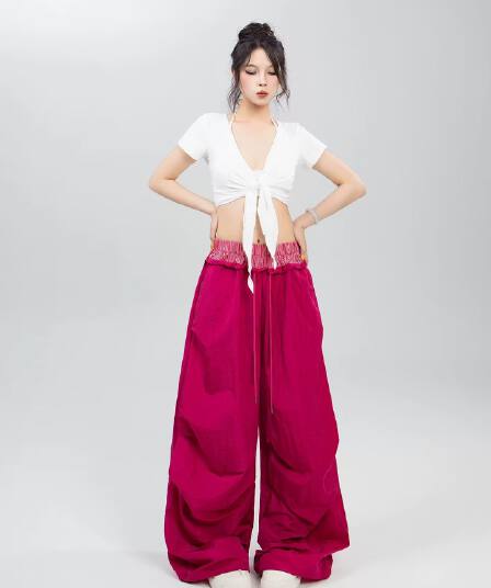 스트리트 댄스 조수 브랜드 높음 거리 레트로 패치워크 더블 허리 머리 긴 바지 천년기 핫걸 주름 루즈핏 낙하산 병 바지 여성 캐주얼 바지