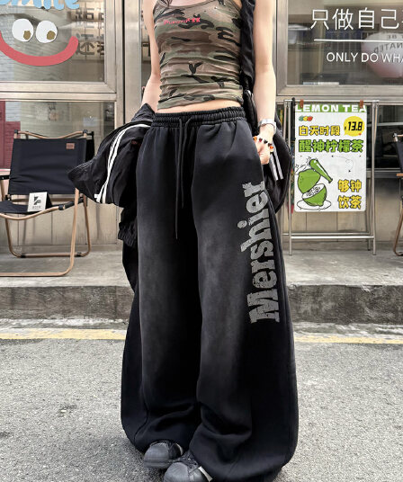 아메리칸 레트로 거리 바람 스프레이 페인트 루즈핏 스트레이트 넓은 다리 웨이 바지 남녀 다용도 무용 바지 트렌디