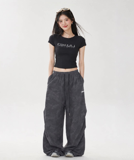 아메리칸 거리 무인도 카모플라주 고급 센스 웃음 하 낙하산 병 긴 바지 레트로 캐주얼 바지 여성 허리밴드 와이드 레그 팬츠