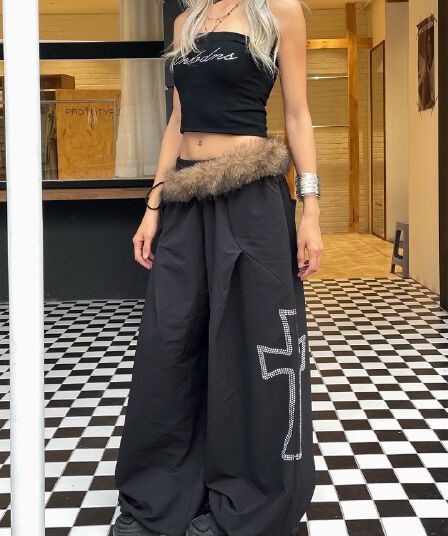 아메리칸 핫걸 탈착식 모피 칼라 핫픽스 십자가 넓은 다리 캐주얼 바지 여성 루즈핏 캐주얼 스트레이트 긴 바지