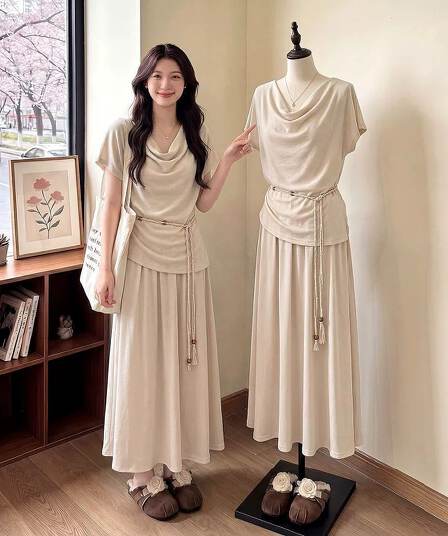 벨트 보내기 여름 착용 가져 가라. 전체 집합 고급 센스 느긋한 흔들다 칼라 맨위 반신 스커트 투피스 세트