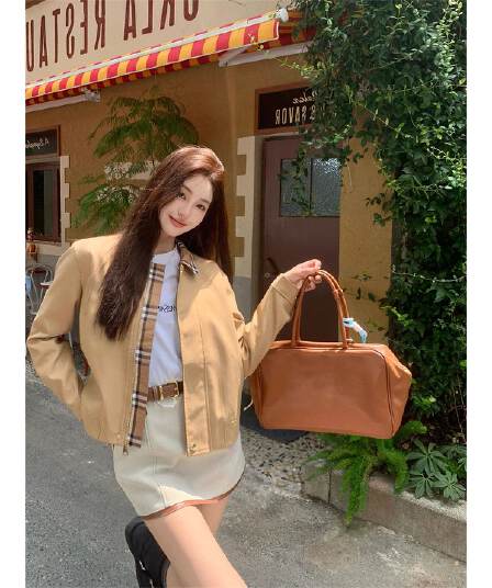 2026 년 가을 새로운 레트로 체크무늬 패치워크 칼라 프로필 모양 재킷 여성 작은 키 오래된 돈 바람 워크웨어 짧은 외투