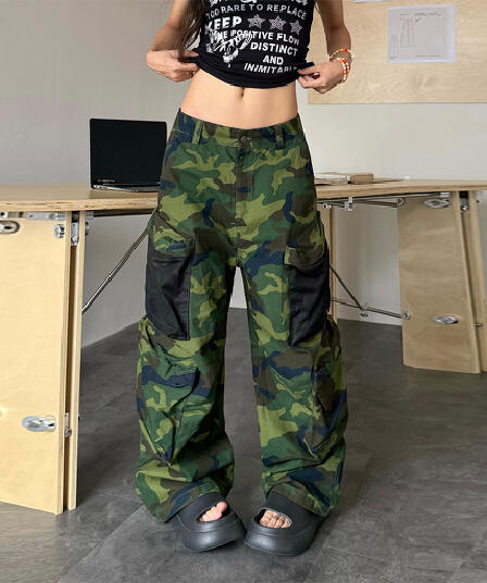 아메리칸 레트로 망사 3 차원 빅 포켓 낮은 기어 카모플라주 워크웨어 팬츠 거리 여성 디자인 센스 바닥 청소 긴 바지