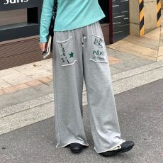 批发美式复古手套口袋印花百搭<b class='q'>运动</b><b class='q'>休闲裤</b>男女显瘦灰色卫裤阔腿裤长裤