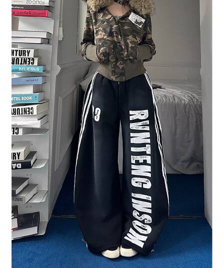 아메리칸 레트로 더블 허리 머리 워시 물 캐주얼 웨이 바지 남녀 트렌드 스트리트 댄스 넓은 다리 운동 긴 바지 새로운 트렌드