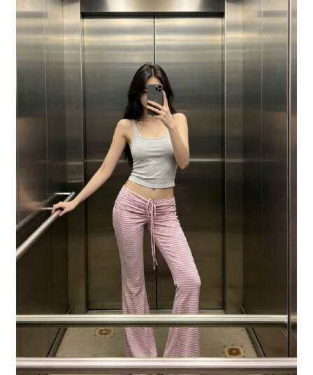원본 컬러 짜임 기사 아메리칸 핫걸 스트라이프 부츠컷 바지 펌프 Pleat 레이스업 로우 웨이스트 캐주얼 바지 여성