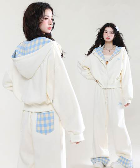 모방 면 사선 무늬 당겨 프레임 250그램 스포츠 슈트 여성 가을 루즈핏 패션 후드 티 스웨터 캐주얼 투피스 세트