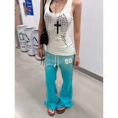 批发美式复古数字印花渐变抽绳直筒裤男<b class='q'>女</b>休闲显瘦百搭潮流<b class='q'>长裤</b>子
