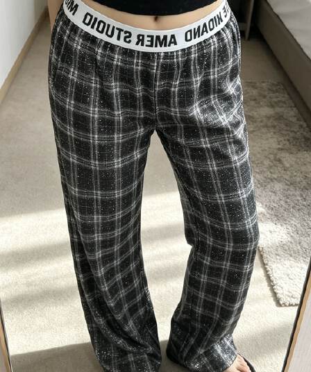 아메리칸 거리 플래시 훈련 체크무늬 캐주얼 바지 여성 알파벳 패치워크 허리 머리 루즈핏 넓은 다리 슬림해 보이는 도루 센스 스트레이트 긴 바지