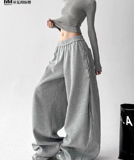 슈퍼 잘 생긴 2026 가을 새로운 측면 측 파대 운동 웨이 바지 여성 회색 루즈핏 느긋한 바람 운동 바지 캐주얼 바지