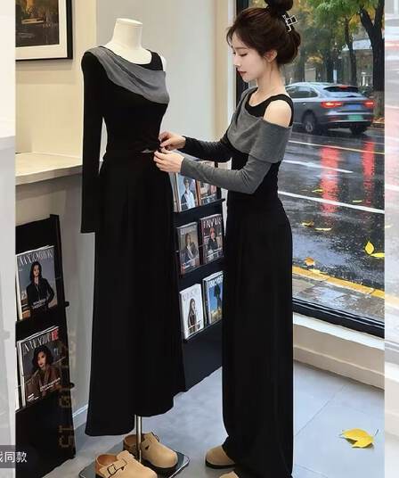 모방 면 1x1+ 사선 무늬 당겨 프레임 250그램 봄 가을 세트 여성 오프숄더 긴팔 티셔츠 긴 바지 캐주얼 투피스 세트