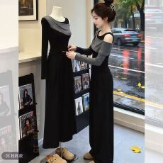 仿棉1X1+斜纹拉架250克  春秋季套装女露肩长袖T恤长裤休闲两件套