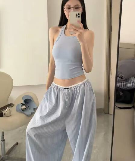 긴 바지 디지털 원본 바지 것 스트라이프 캐주얼 바지 루즈핏 허리밴드 펌프 로프 작은 대중 긴 바지 여성