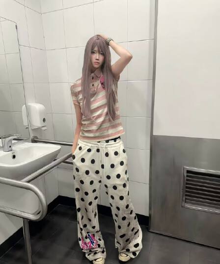 4am26ss 더러운 염색 도트 무늬 웨이 바지 여름 새로운 아메리칸 조수 브랜드 높음 거리 트렌드 다용도 루즈핏 와이드 레그 팬츠 긴 바지