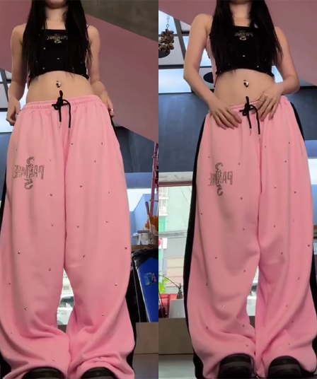 아메리칸 운동 바람 별 핫픽스 루즈핏 와이드 레깅스 바지 펌프 로프 캐주얼 긴 바지 재즈 댄스 바지 허리밴드 웨이 바지