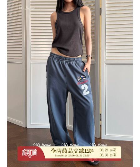 순면 자수 아메리칸 느긋한 더블 Pleat 워크웨어 팬츠 얇은 스타일 도루 센스 루즈핏 와이드 레그 팬츠 스타일 느긋한 스트레이트 운동 바지