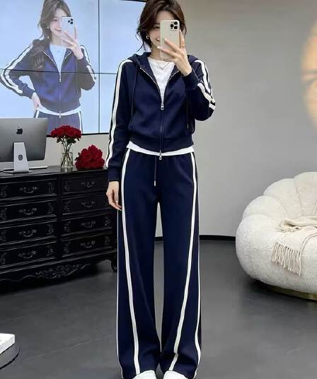 모방 면 사선 무늬 당겨 프레임 250그램 스포츠 슈트 여성 봄 가을 후드 루즈핏 후드티 와이드 레그 팬츠 투피스 세트