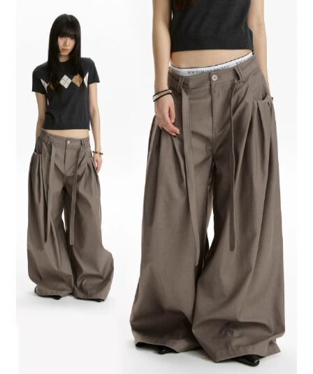 아메리칸 레트로 벨트 디자인 센스 명중 Pleat 출퇴근 슬랙스 남녀 루즈핏 도루 센스 넓은 다리 캐주얼 바지