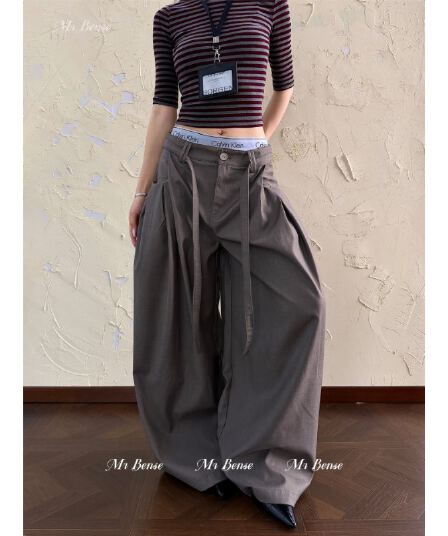 디자인 센스 허리 끈 명중 Pleat 슬랙스 여성 아메리칸 루즈핏 출퇴근 캐주얼 다용도 넓은 다리 길이 바지