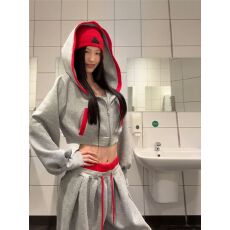 批发仿棉斜纹拉架250克 套装女<b class='q'>春</b>秋季拼色连帽卫衣宽松阔腿裤两件套