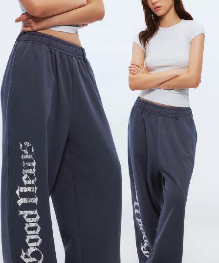 추가되지 않음 플러시 털이 있는 아메리칸 블루 회색 프린트 캐주얼 바지 여성 루즈핏 무거운 도루 센스 춤추기 운동 넓은 다리 웨이 바지