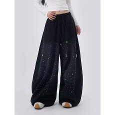 批发女<b class='q'>冬</b>季烫钻星空渐变黑色弯刀裤子设计感宽松卫裤休闲裤爵士舞裤子