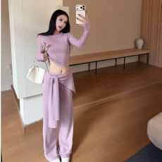 批发早秋新款松弛感韩系长袖上衣时尚百搭阔腿带屁帘<b class='q'>休闲裤</b>套装女
