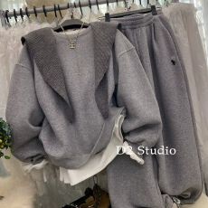 批发韩系小个子加绒刺绣卫衣套<b class='q'>装</b><b class='q'>女</b>圆领卫衣宽松抽绳阔腿裤披肩<b class='q'>三件套</b>