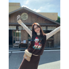 批发复古咖色小狗提花针织马甲女秋季半身裙两件套