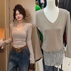 批发2025冬季新款V领时尚长袖T恤<b class='q'>女装</b>显瘦百搭洋气内搭打底衫上衣