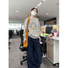 撞色条纹毛衣女可外穿内搭秋冬复古圆领套头慵懒松弛感针织衫上衣