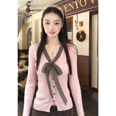 法式蝴蝶结系带撞色格子拼接毛衣开衫女秋冬修身内搭针织外套上衣