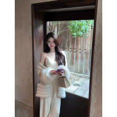 批发秋季真狐狸毛皮草针织开衫外套女中长款收腰白色毛衣