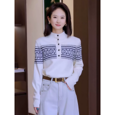 批发几何提花半高领正肩针织衫女2025新款秋冬学院风<b class='q'>长袖</b>软糯百搭上衣