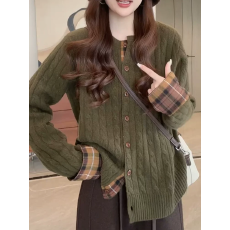 批发小众设计感格纹拼接麻花针织开衫女春秋季新款复古慵懒感<b class='q'>宽松</b>上衣