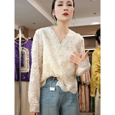 批发蕾丝<b class='q'>衬衫</b>2025新款秋季中式上衣宽松时尚I国风绣花V领显瘦气质小衫