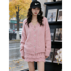 批发韩系复古粉色套装女2025秋冬新款<b class='q'>甜美</b>减龄针织开衫显瘦短裙两件套