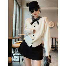 批发蝴蝶结法式蕾丝拼接针织<b class='q'>开衫</b>女秋冬新款高级感精致小个子短款上衣