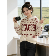 批发小兔红白连帽拉链针织衫氛围感<b class='q'>毛衣</b>女新年上衣