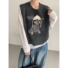 批发韩版编织帽小狗提花针织马甲女春装新款叠穿显瘦设计感毛衣马夹