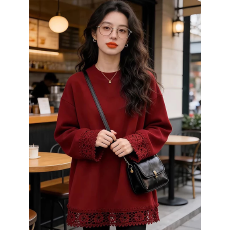 批发<b class='q'>胖</b><b class='q'>mm</b>特大码女装新年红色镂空钩花长袖T恤女秋冬季宽松氛围感上衣