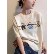 2026春季新款T恤简约卡通图案宽松短袖圆领羊毛针织衫