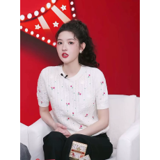 批发早春款奶油白绞花玫瑰小鸟刺绣<b class='q'>针织</b>短袖开衫