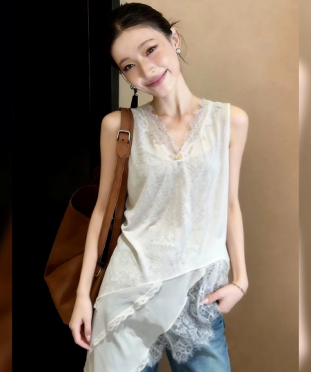 빅 사이즈 여성 의류 프랑스식 V넥 경 사진 레이스 화이트 캐미솔 새로운 어깨 외부 가져 가라. 스택 착용 민소매 맨위