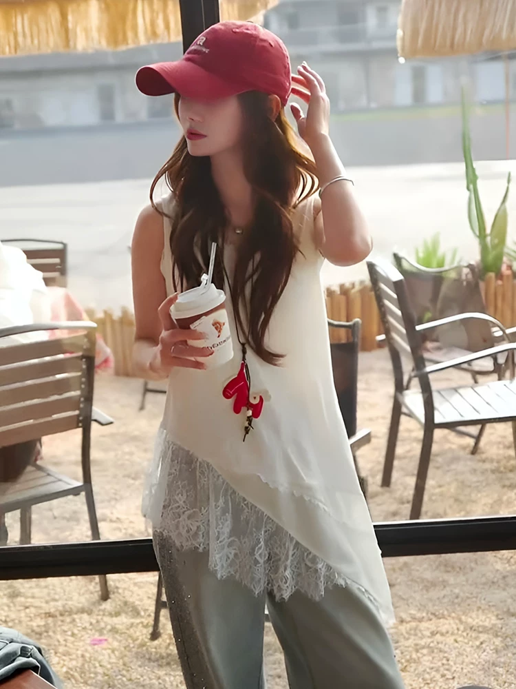 봄 여름 새로운 고유 한 Chic 불규칙 레이스 조각 민소매 조끼 맨위 여성