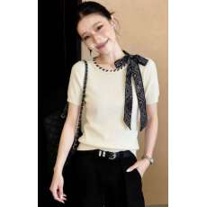 批发今年流行时尚洋气短袖针织衫蝴蝶结系带设计感2026春夏套头上衣女