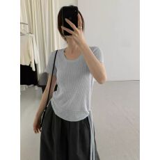 批发坑条圆领<b class='q'>针织衫</b>2025夏季新款简约侧边绑带短袖上衣