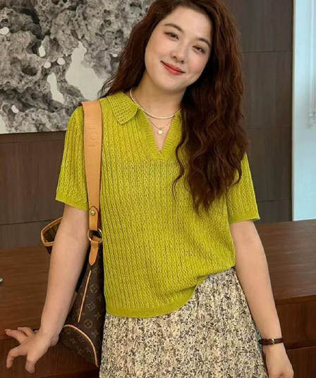2026 여름 새로운 홀로우 아웃 POLO 칼라 반팔 니트 스웨터 여성 디자인 센스 세련된 외국 가스 슈퍼 잘 생긴 맨위 서비스
