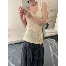 批发夏上新韩系无袖<b class='q'>百搭</b>系带收腰显瘦针织背心(配腰绳)